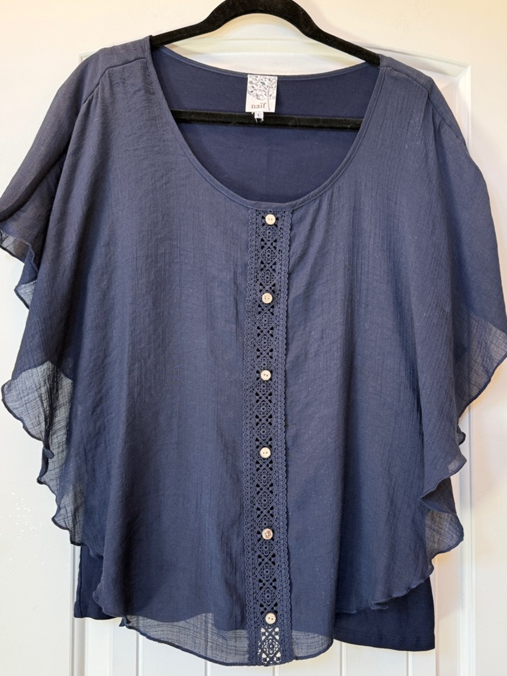 NAIF Navy Crochet-Trim Flutter Sleeve Top with Button Front